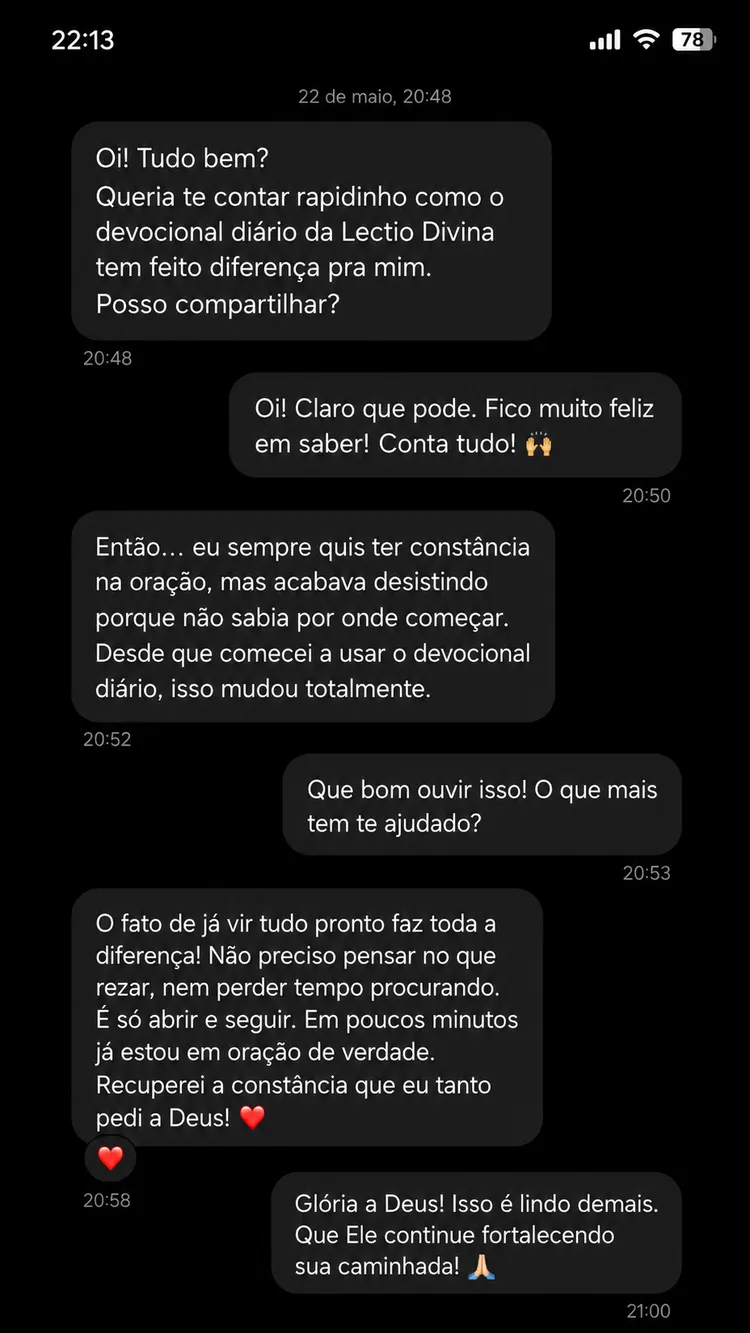 Print de conversa: aluna conta que recuperou a constância na oração com o devocional diário