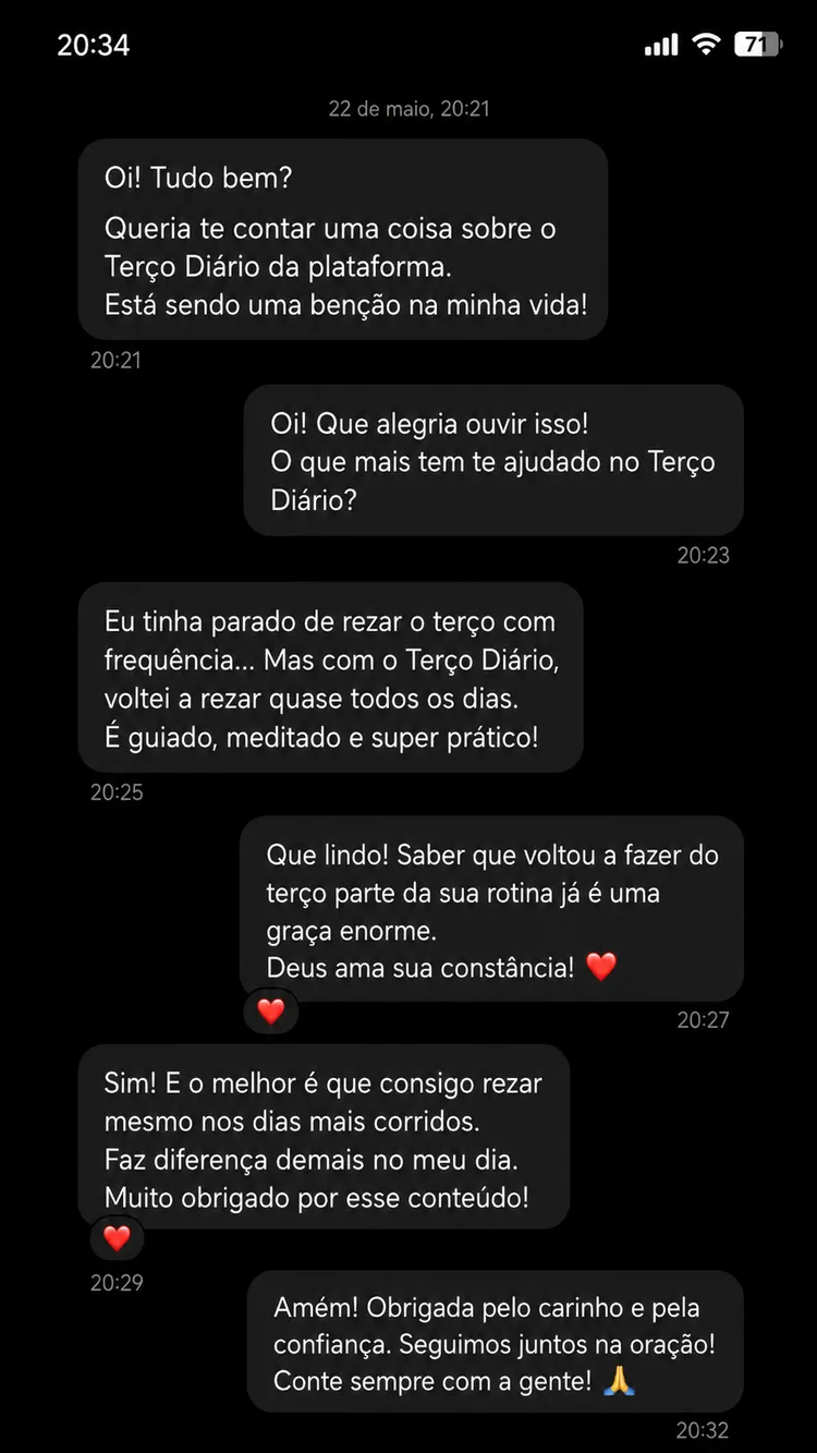 Print de conversa: aluno voltou a rezar o terço quase todos os dias com o Terço Diário