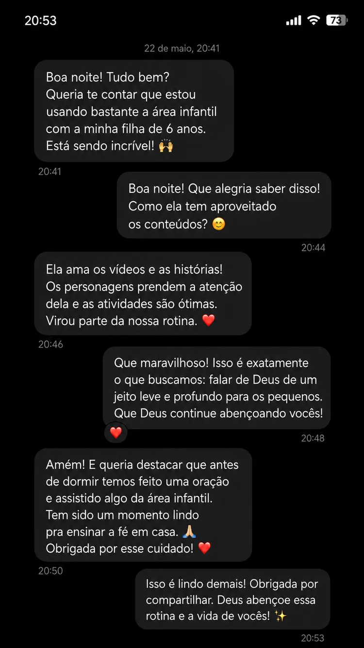 Print de conversa: mãe usa a área infantil com a filha de 6 anos antes de dormir