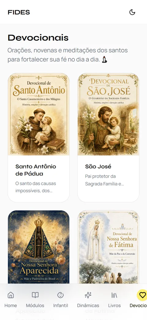 Fides no celular mostrando os devocionais dos santos
