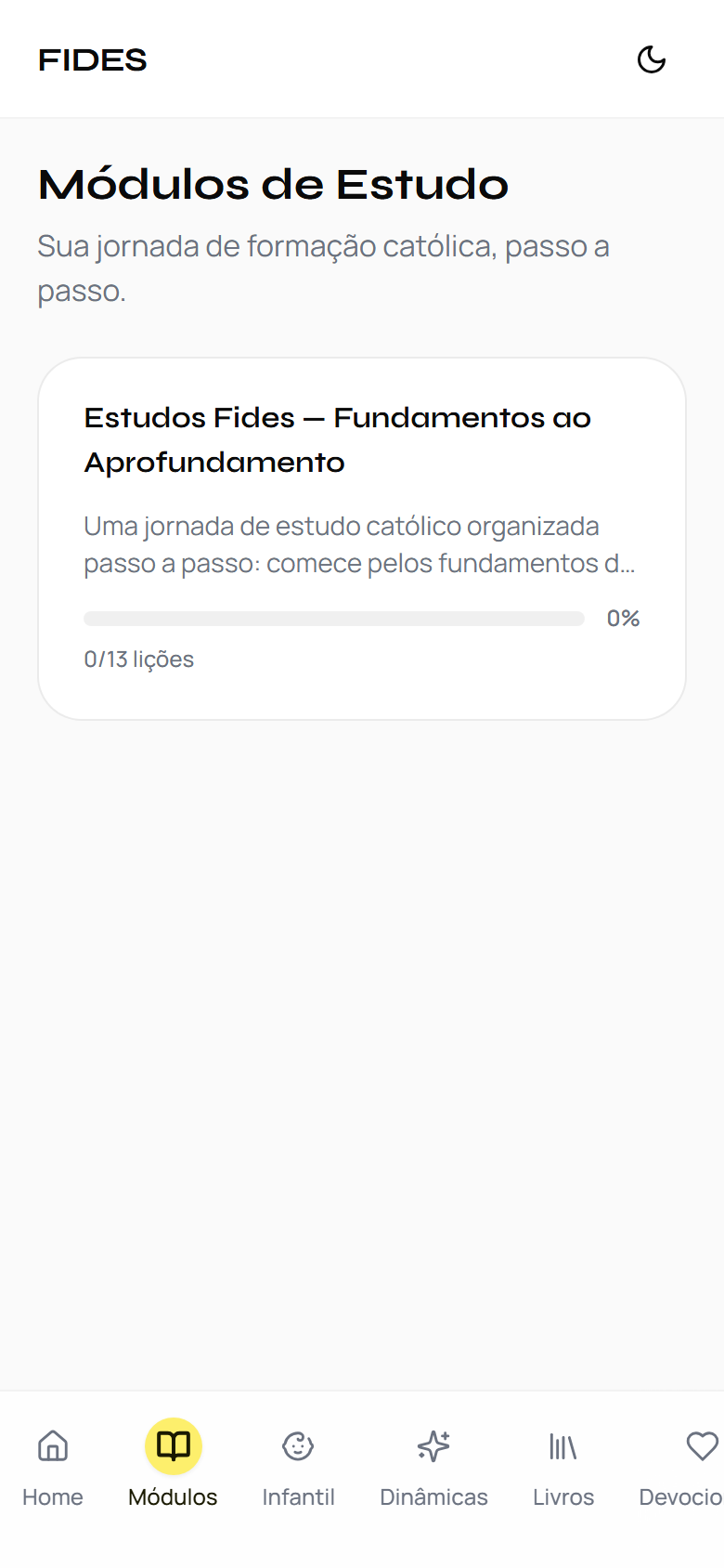 Módulos de estudo do Fides no celular