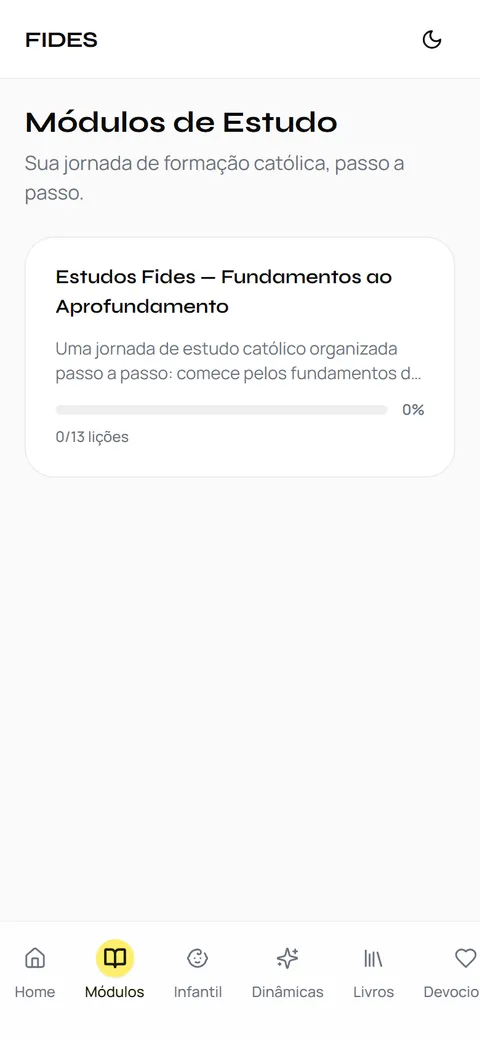 Módulos de estudo do Fides no celular